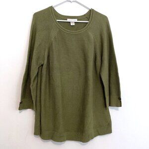 CHRISTOPHER & BANKS Crew Neck Sweater Button Cuff Olive Green 3/4 Sleeve Cotton